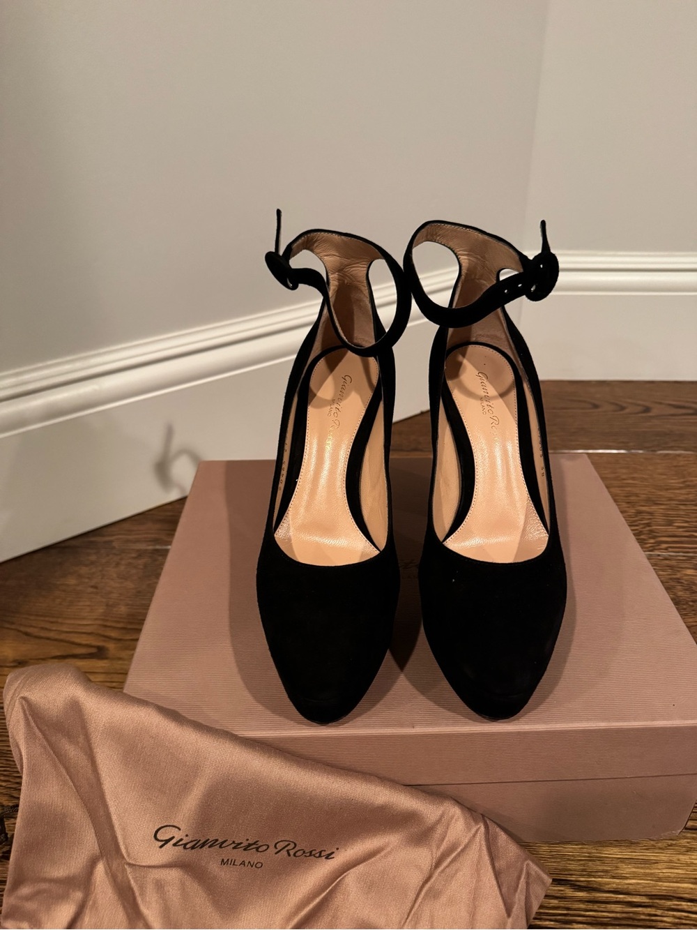 Gianvito Rossi “Sherry” Black Suede Ankle-Strap Pumps with Curved Buckle